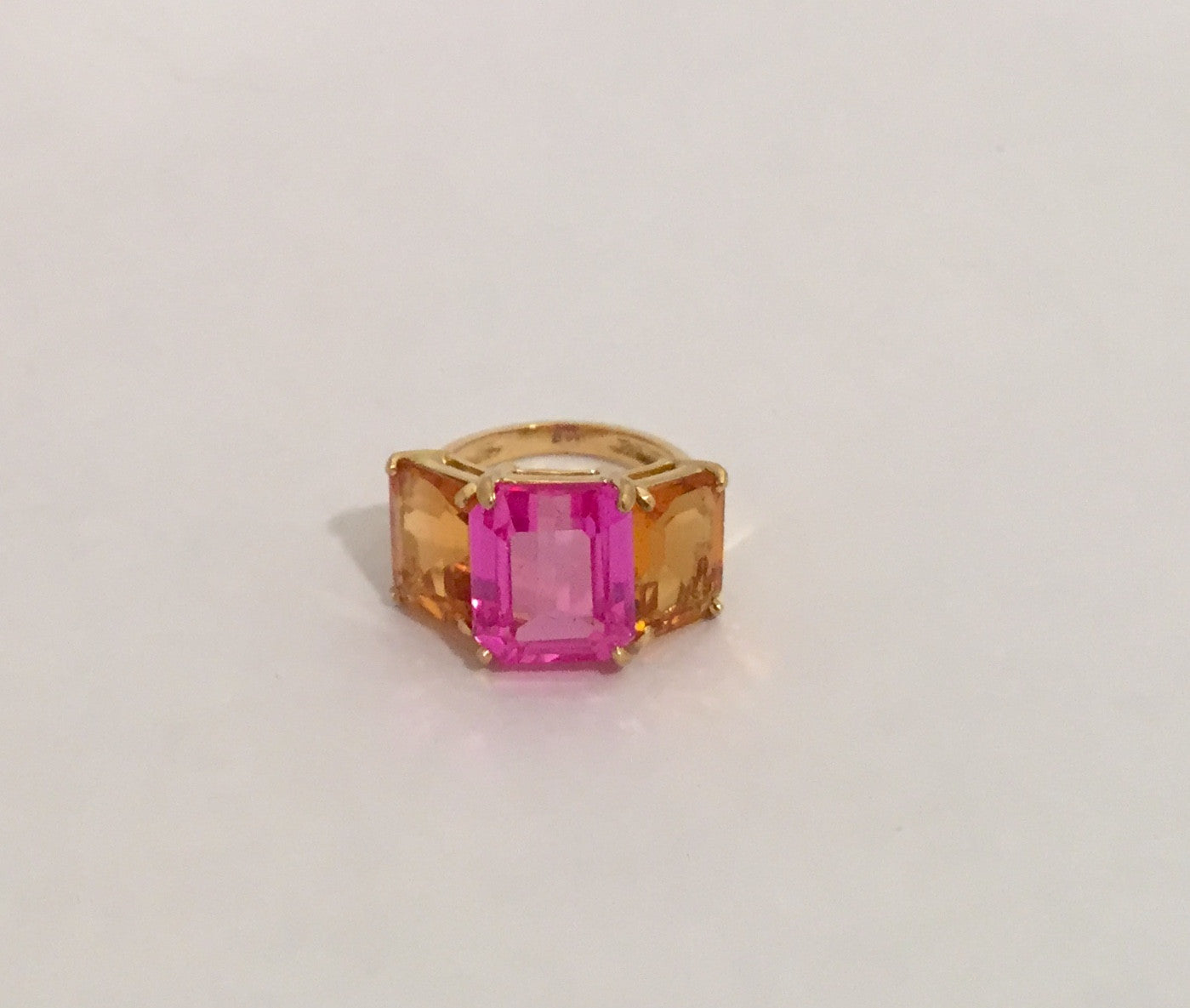 18k Yellow Gold Three Stone Emerald Cut Ring with Citrine and Pink Topaz