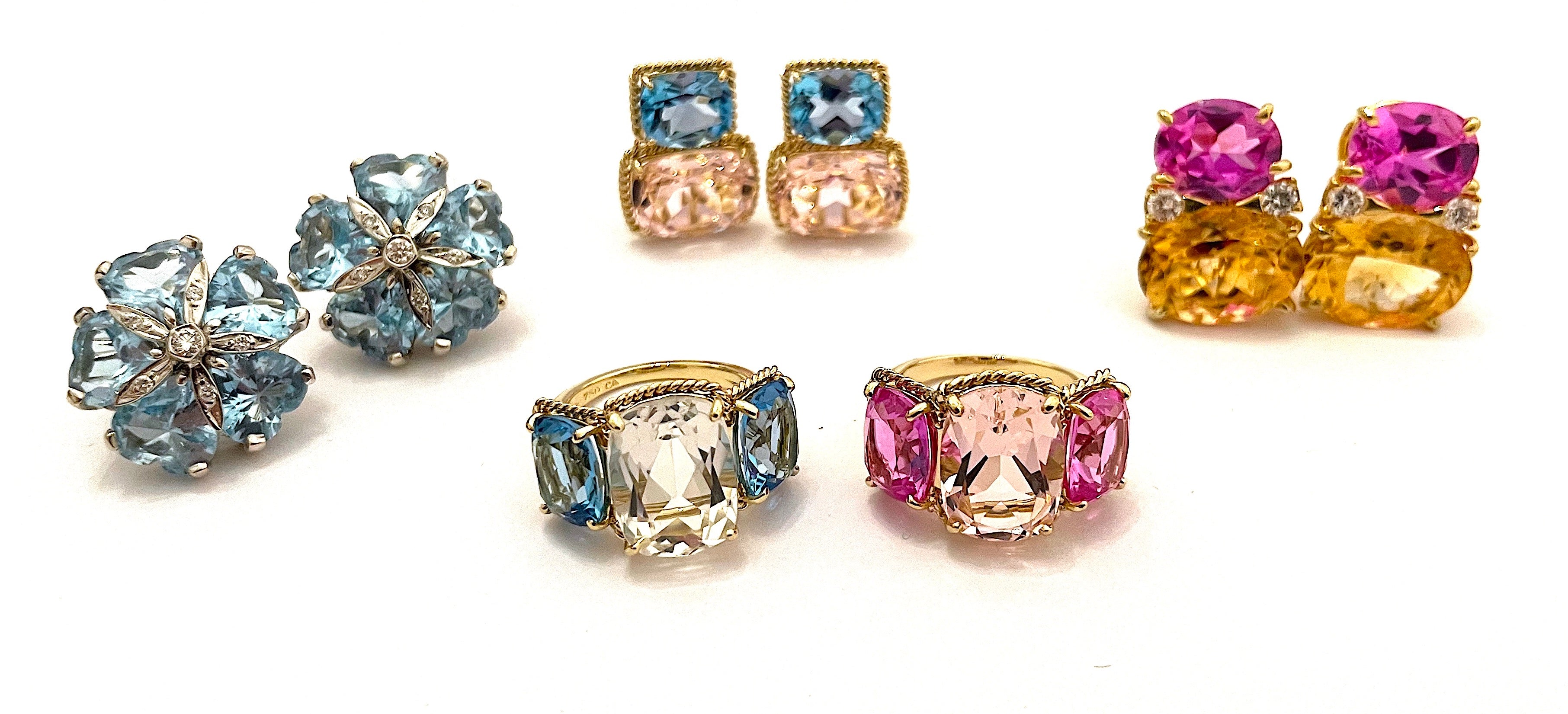 18kt Yellow Gold Cushion Cut Earring with Rope Twist Border with Blue Topaz and Green Quartz