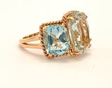 18kt Rose Gold Green Amethyst and Blue Topaz Three Stone Ring with Rope Twist Border