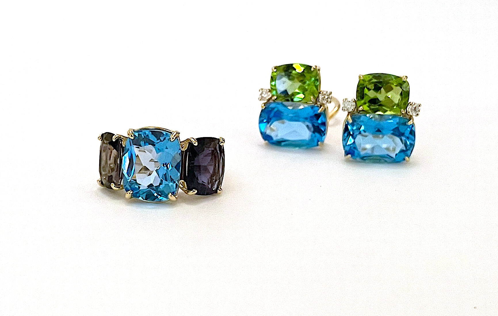 Blue Topaz and Iolite Three Stone Cushion Cut Ring