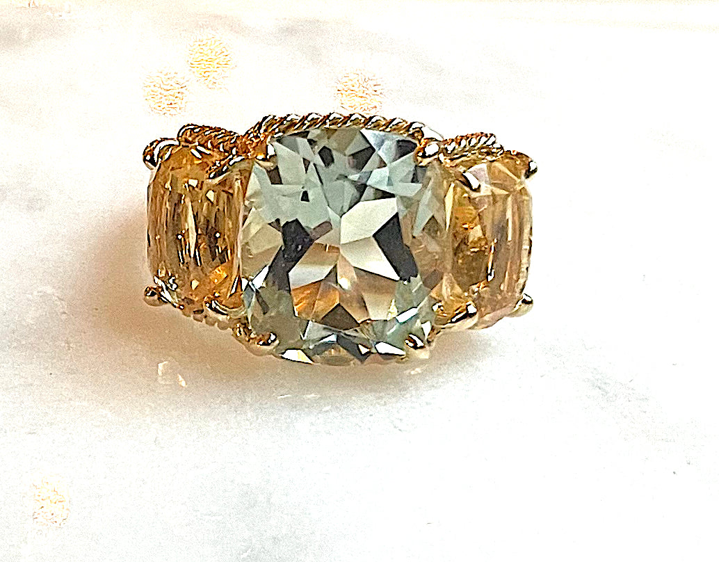 Mini Three Stone Ring with Rope Twist Border with Green Amethyst and Citrine