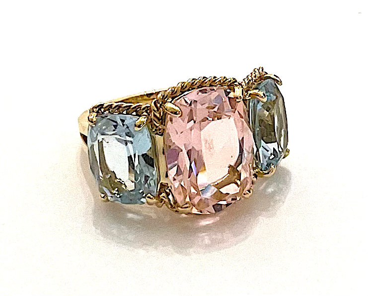 18kt Yellow Gold Three Stone Ring with Pink Topaz and Blue Topaz and Rope Twist Border