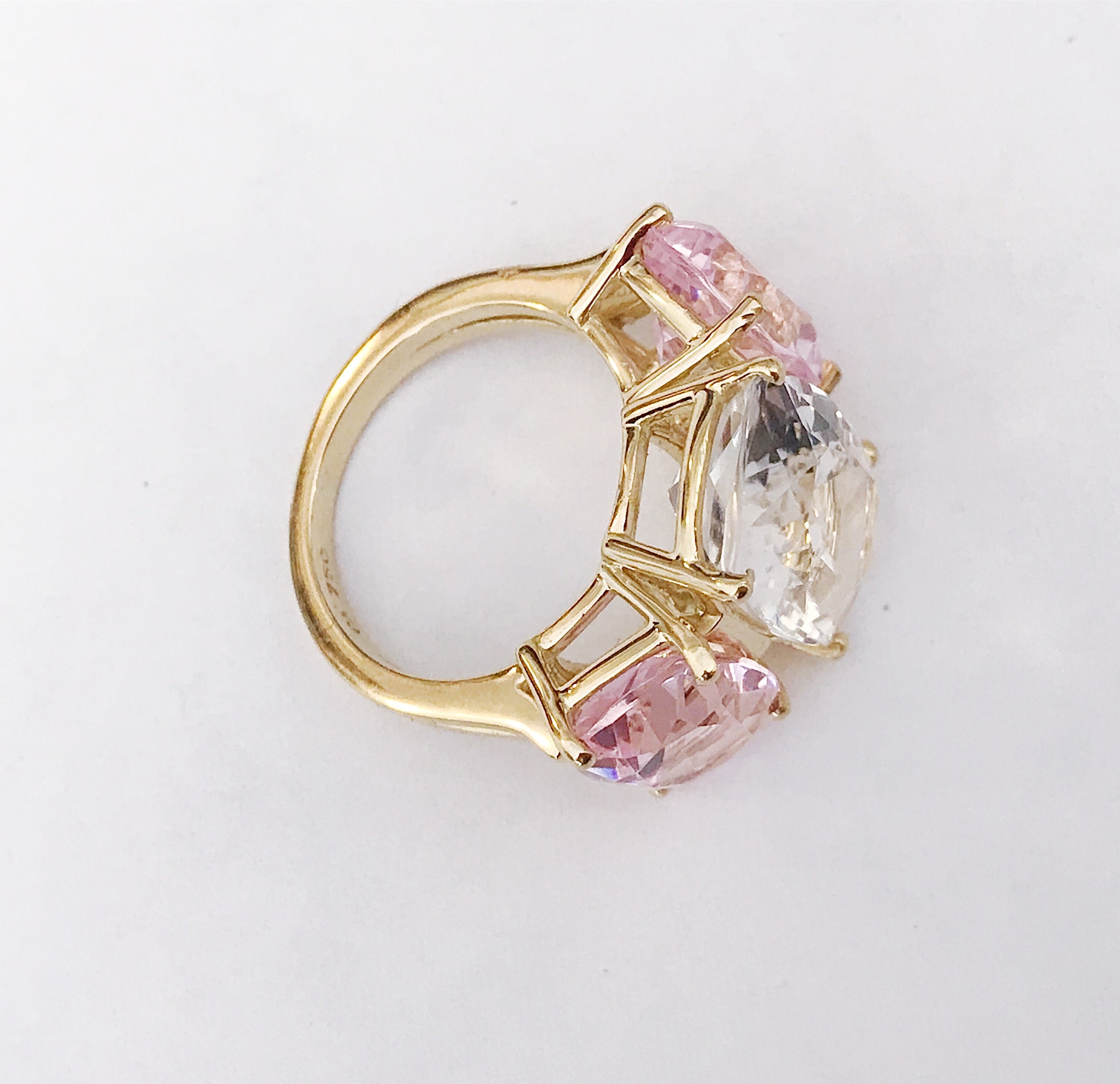 Rock Crystal and Pink Topaz Yellow Gold Three-Stone Cushion Ring