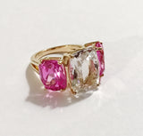 Rock Crystal and Hot Pink Topaz Yellow Gold Three-Stone Cushion Ring