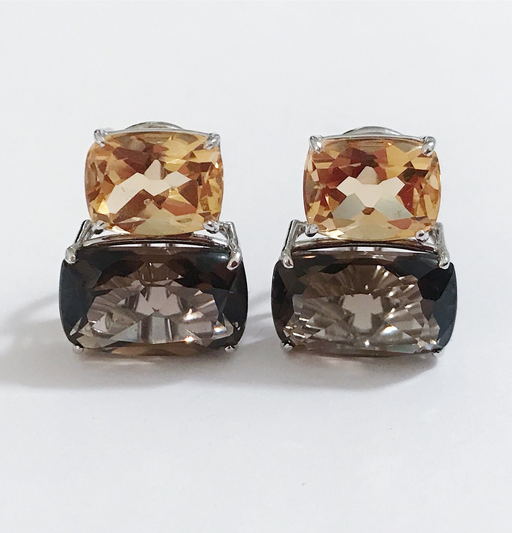 Yellow Gold Double Cushion Earrings with Rock Crystal and Smoky Topaz