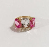 Citrine and Pink Topaz Yellow Gold Three-Stone Cushion Ring