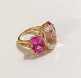 Citrine and Pink Topaz Yellow Gold Three-Stone Cushion Ring