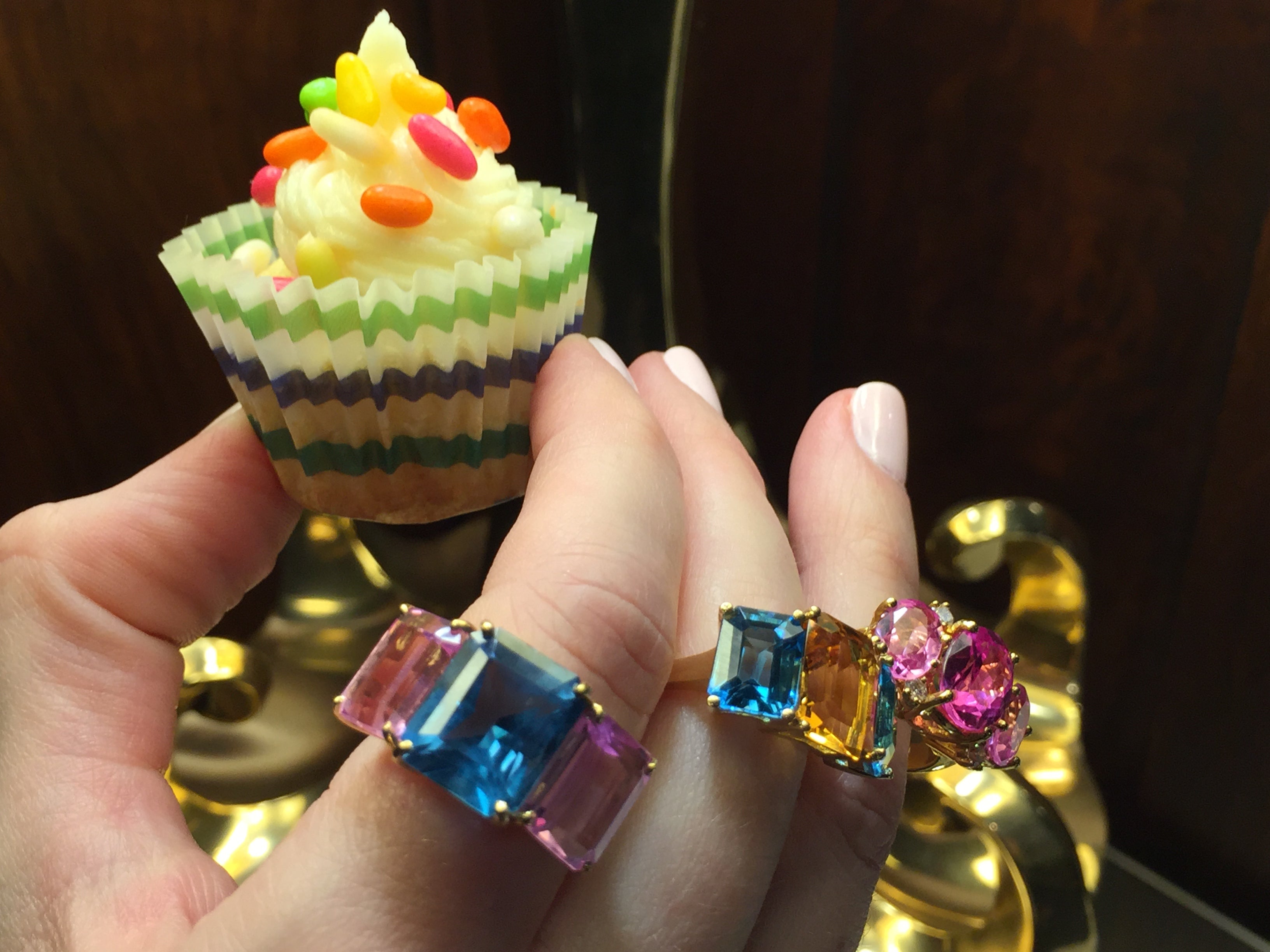 18kt Yellow Gold Emerald Cut Ring with Pale Pink Topaz and Blue Topaz