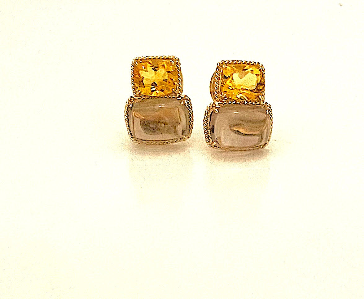 18kt Yellow Gold Cushion Rope Twist Border Earring with Citrine and Smoky Topaz