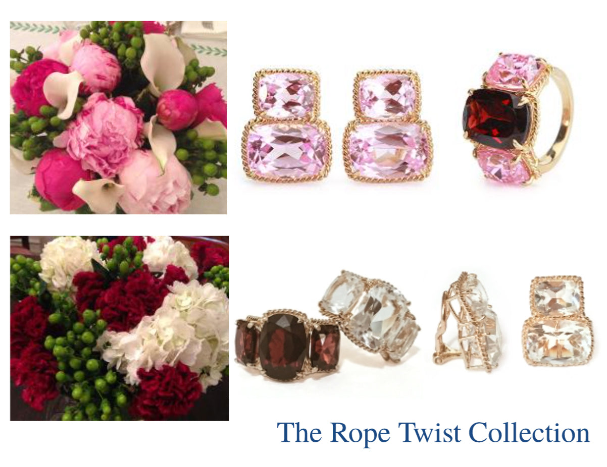 18kt Yellow Gold Medium Cushion Cut Earring with Rope Twist Border with Blue Topaz and Pink Topaz