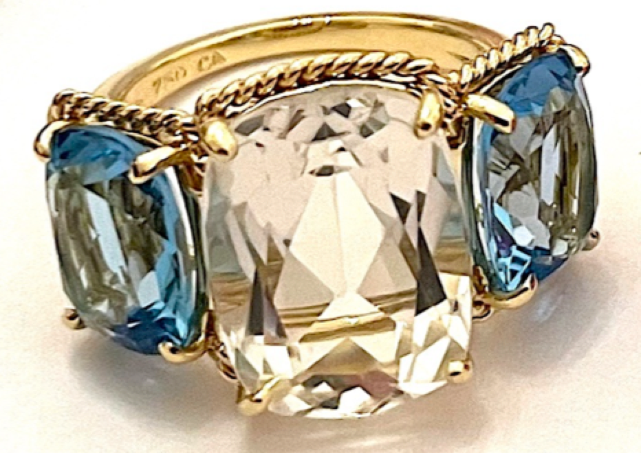 Elegant Three Stone Ring with Gold Rope Twist Border