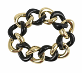 Elegant Alternating Yellow Gold and Ebony Wood Curved Link Bracelet