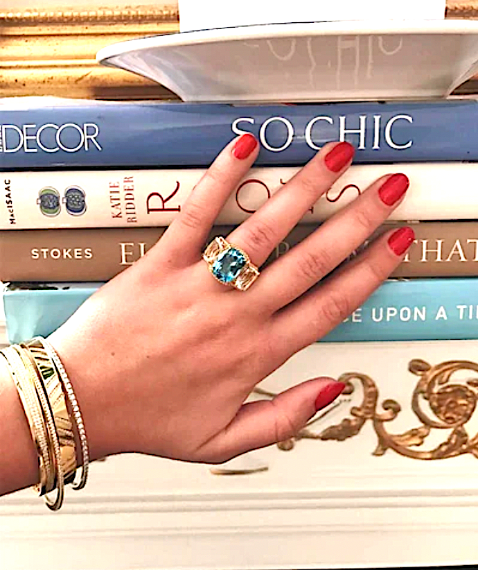 18kt Yellow Gold Cushion Cut Earring with Rope Twist Border with Blue Topaz and Green Quartz