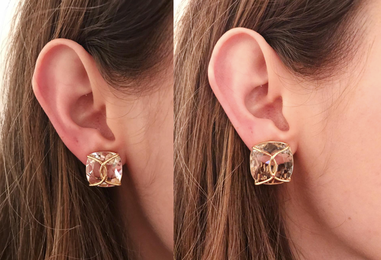 Green Amethyst Cushion Stud Earring with Yellow Gold Wire Wrap