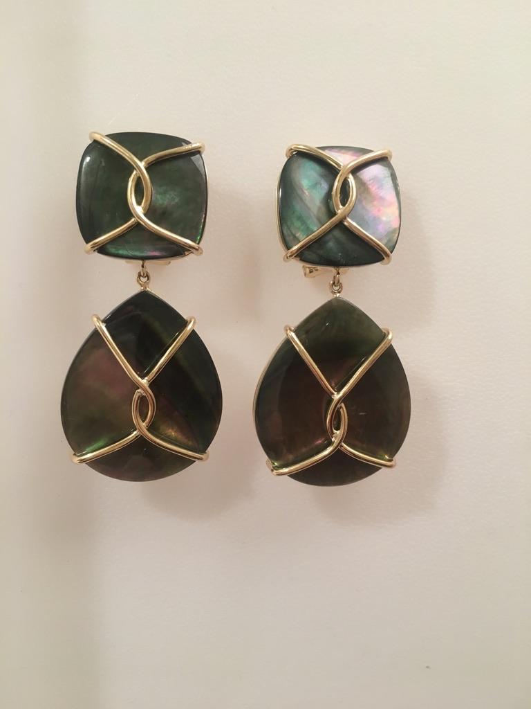 Large 18kt Yellow Gold Abalone Cushion and pear shaped Drop Earrings with Twisted Gold Detail