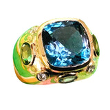 Bonheur Ring, Dark Blue Topaz, Peridot, Blue Topaz and Diamond Domed Ring