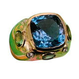 Bonheur Ring, Dark Blue Topaz, Peridot, Blue Topaz and Diamond Domed Ring