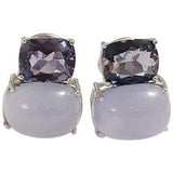 White Gold Double Cushion Earrings with Iolite and Cabochon Chalcedony