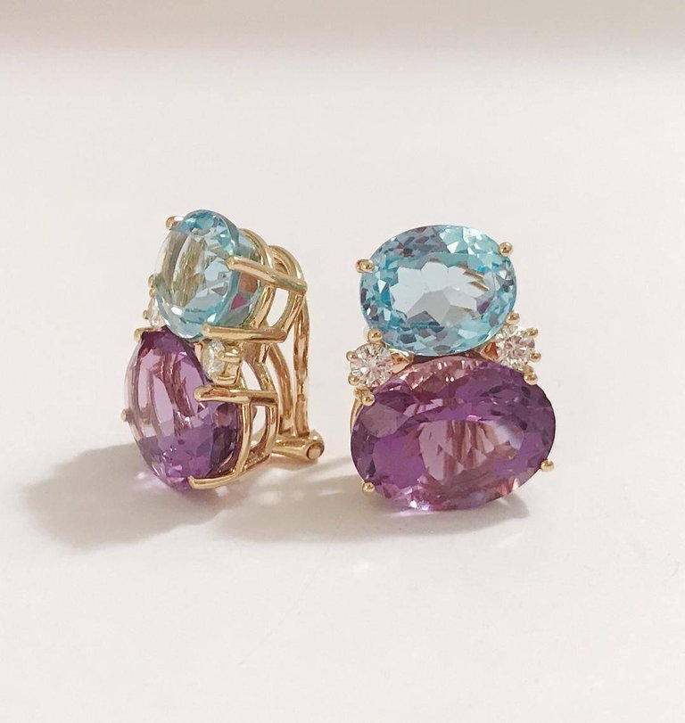 Large GUM DROP™ Earrings with Pale Blue Topaz and Bright Amethyst and Diamonds