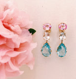 Pink Topaz Rock Crystal Blue Topaz Yellow Gold Three Stone Drop Earrings