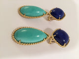 Elegant Lapis Turquoise Gold Rope Twist Edged Cushion Drop Earrings