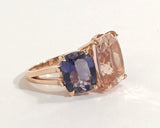 Morganite Iolite Gold Three Stone Cushion Ring