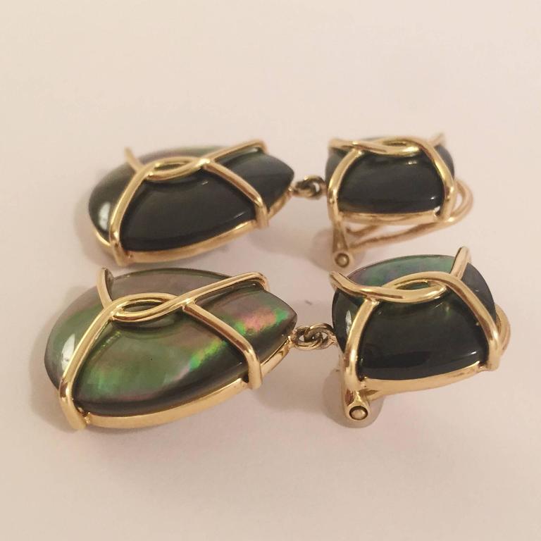 Large 18kt Yellow Gold Abalone Cushion and pear shaped Drop Earrings with Twisted Gold Detail